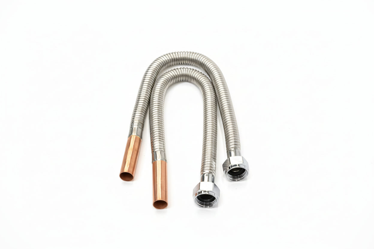 A coiled brass nut hose with metal connectors