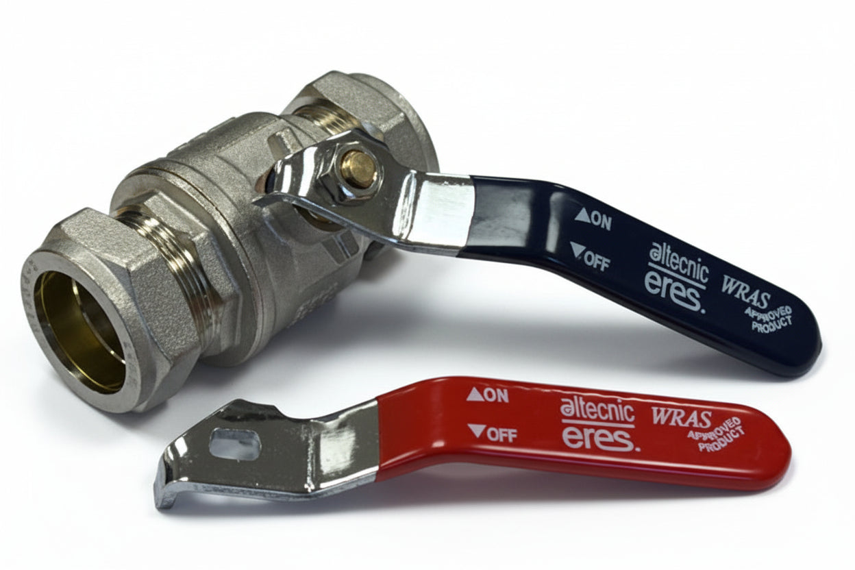 A silver-colored metal lever valve with a red and blue handle indicating on/off positions, and branding text 'Alloric' and 'WRAS'.