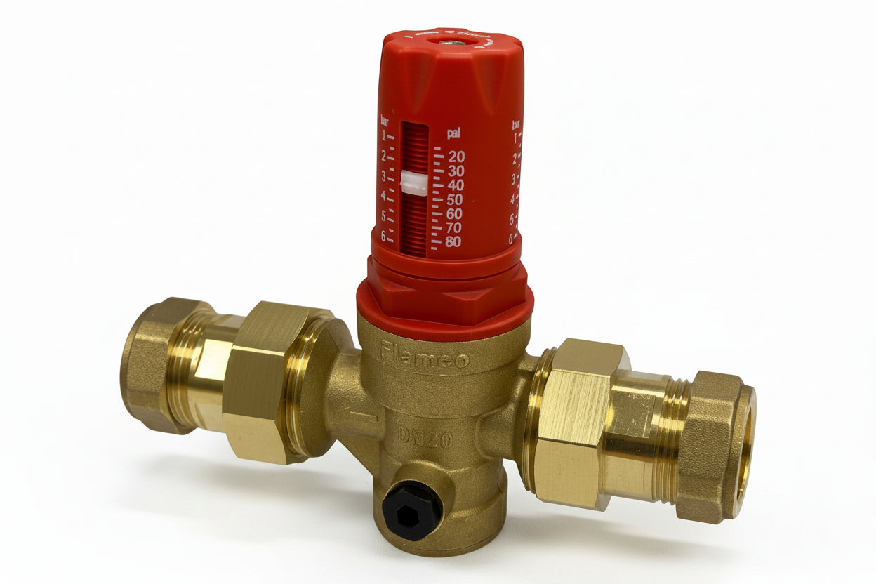 A 28mm compression PLV valve, in brass color with a red handle and golden brass connectors.